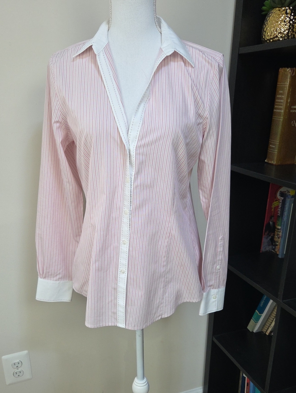 Women's Pink Striped Embroidered Button-Front Shirt with White Trim
